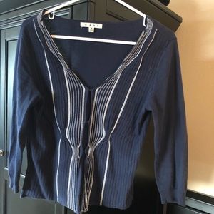 CAbi navy blue cardigan with cream embellishment
